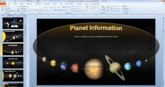 The solar system template also contains slide layouts prepared for 