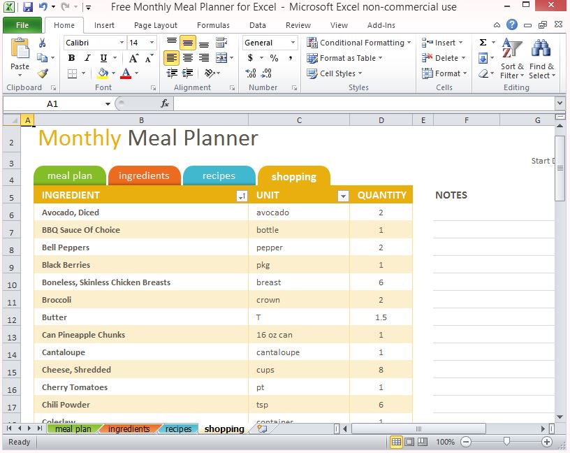 Monthly Meal Planner Template Excel