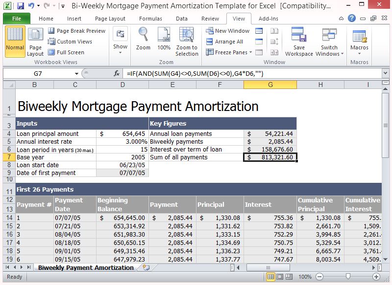 BiWeekly Mortgage Payment Amortization Template For Excel