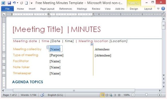 Meeting Minutes Sample Microsoft Word