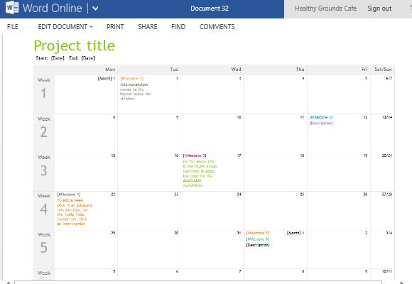Project Planning Timeline Calendar For Word Online