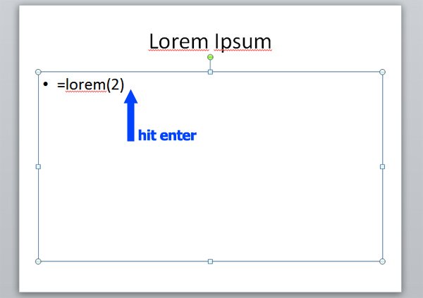 Add Lorem Ipsum in PowerPoint using =lorem(N)
