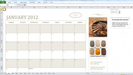 Excel Calendar template for 2012