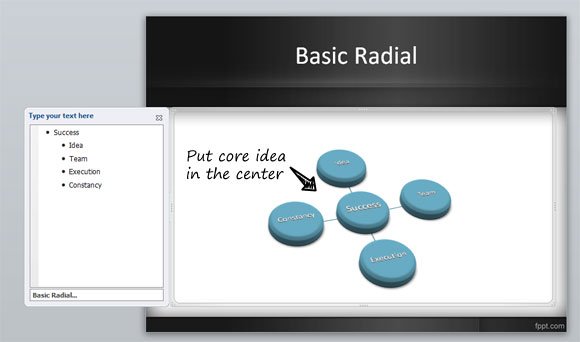 Radial Diagram ppt template - Example of Basic Radial Cycle created in PowerPoint with SmartArt diagrams