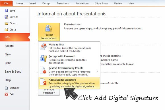 Sign your PowerPoint presentation file with your digital signature