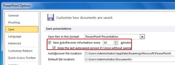 AutoRecover Dialog Box in PowerPoint