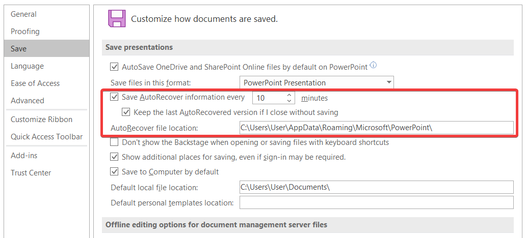 AutoRecover Options in PowerPoint