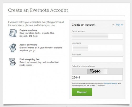 create account free evernote