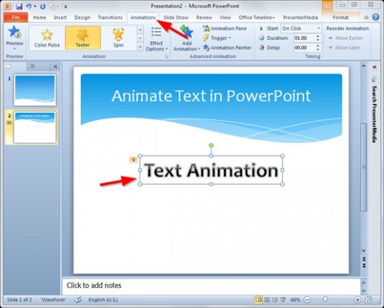 powerpoint animation text in table