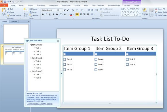 Example of a task list slide design for PowerPoint presentations created with SmartArt