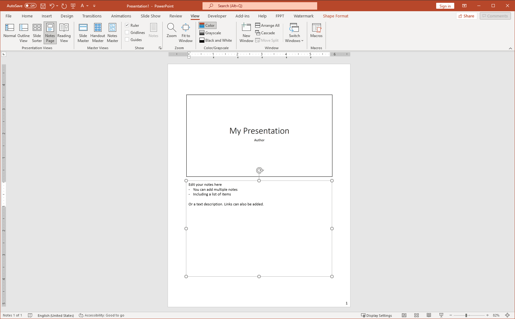 Notes page view PowerPoint