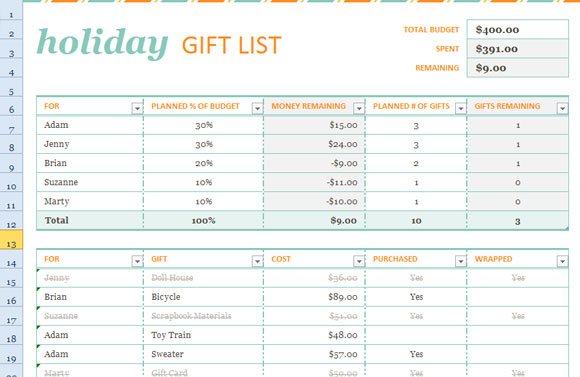 Holiday Gift List Template for Excel 2013