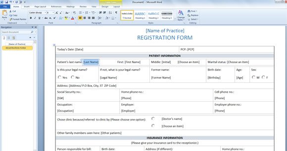 patient formword template with editable fields