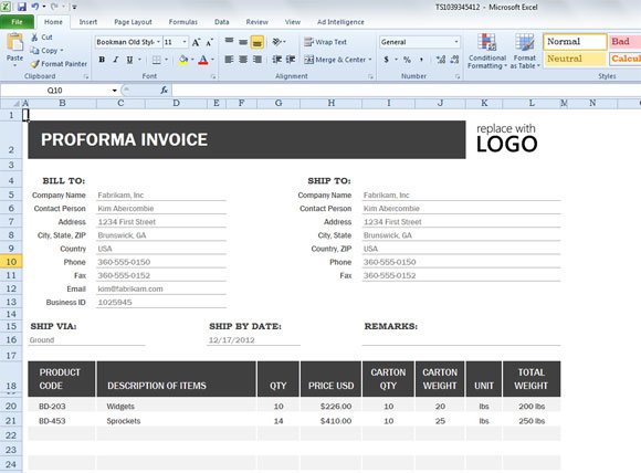 Proforma Invoice Template For Excel 2013