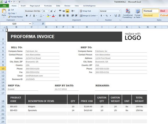 sample proforma invoice excel template