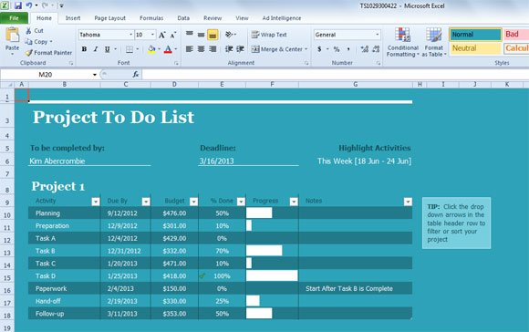 Project Task List Template for Excel 2013