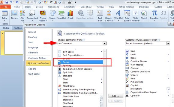 enable text-to-speech in PowerPoint 2010