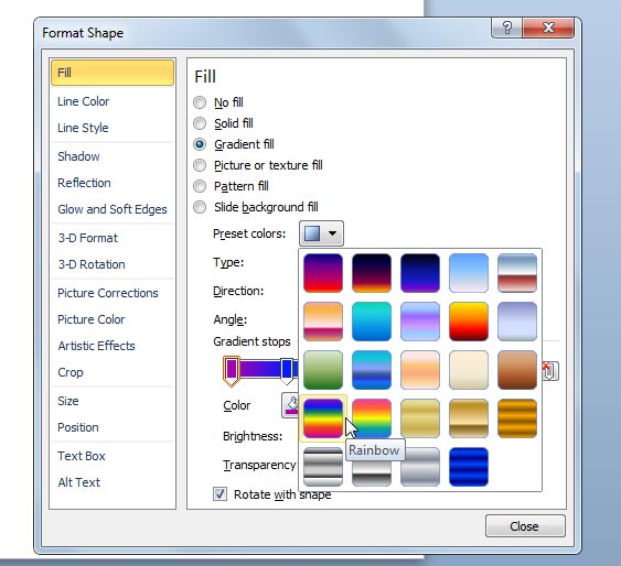 How to configure the gradient fill to insert the rainbow colors.