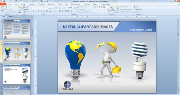 Example of cliparts for presentations in PowerPoint, showing two lightbulbs and a worker