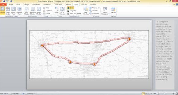 Example of slide with animated route traced on a US map and using PowerPoint