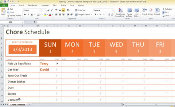 Weekly Chore Schedule Template For Excel 2013