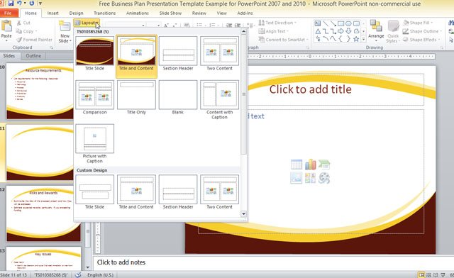Example of slide layouts in a Free Business Plan Presentation Template for PowerPoint