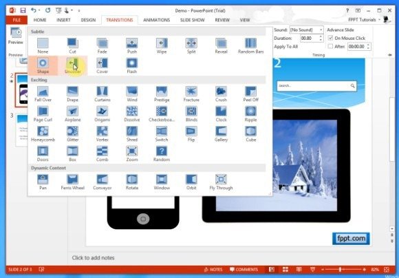 Cover And Uncover Transition Effects in PowerPoint 2013