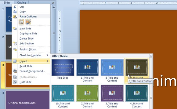 Example how to change the PowerPoint layout in Microsoft PowerPoint 2010