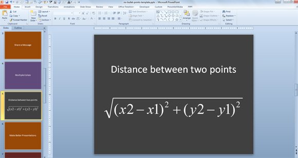 Equation and formula of distance between two points in a PowerPoint template