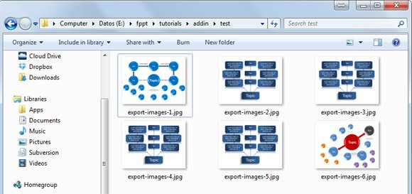 Example showing how to export the slides from a PowerPoint presentation to JPG images to a custom directory using VBA and macros
