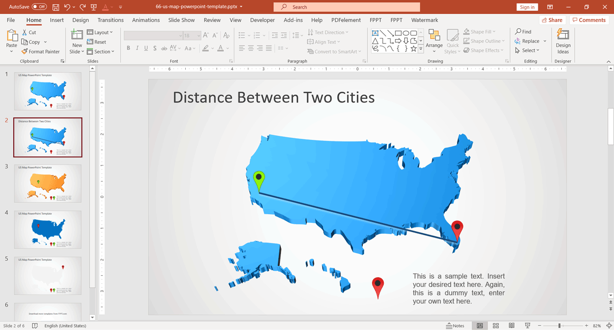 Distance Between two Points or Cities within United States - Image in a map of US for PowerPoint