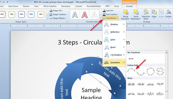 Text effect applied to a PowerPoint circular diagram - Example of how to curve text in PowerPoint presentations