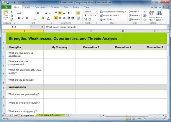 Competitive SWOT Analysis Excel Template - Conducting a SWOT Analysis with a spreadsheet created in Excel