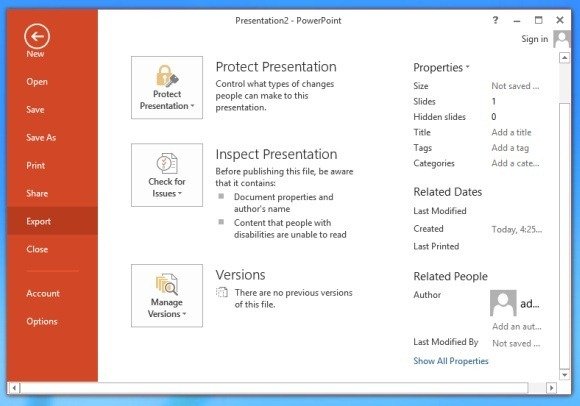 Export PPT in PowerPoint 2013