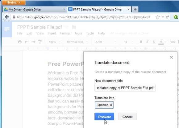Translate PDF FIle From Google Docs