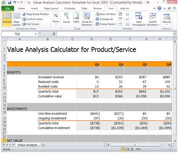 Value Analysis Calculator For Excel