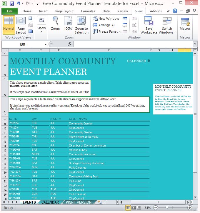Example of calendar of events template in Excel spreadsheet