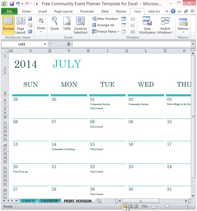 Example of Event Calendar Template in Excel