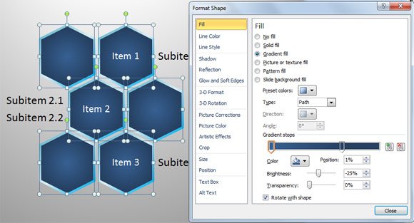 Fill options in a SmartArt diagram created with Hexagons