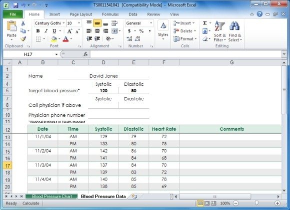 blood pressure readings chart excel