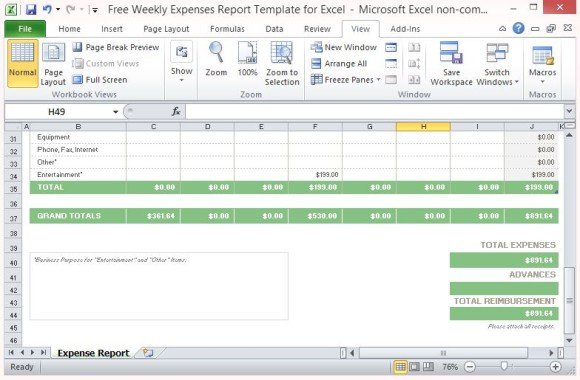 Expense Report Template Auto-Computes Weekly Totals and Grand Total