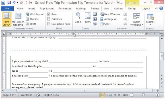School Field Trip Permission Slip Template For Word