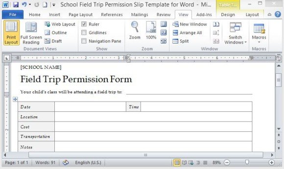 Standard Field Trip Permission Form for Schools