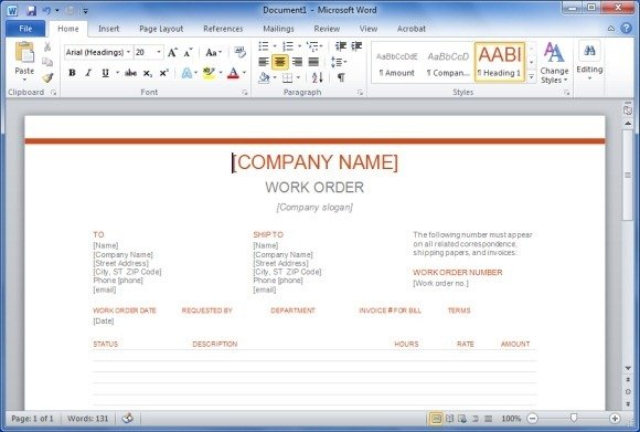 Work Order Template for Word