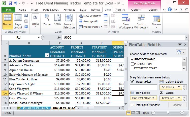 Convenient Pivot Table for Project Totals - Example of Event Planning Template for Excel
