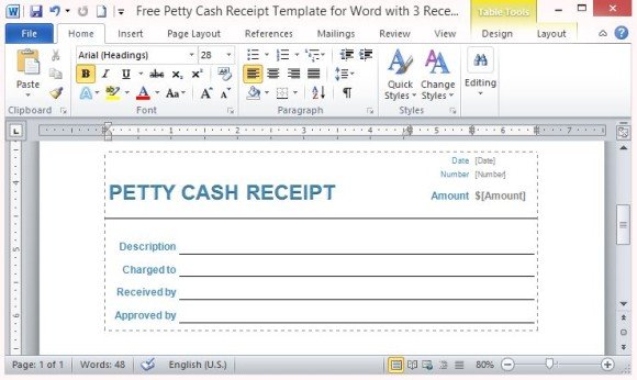 free petty cash receipt template for word with 3 receipts per page