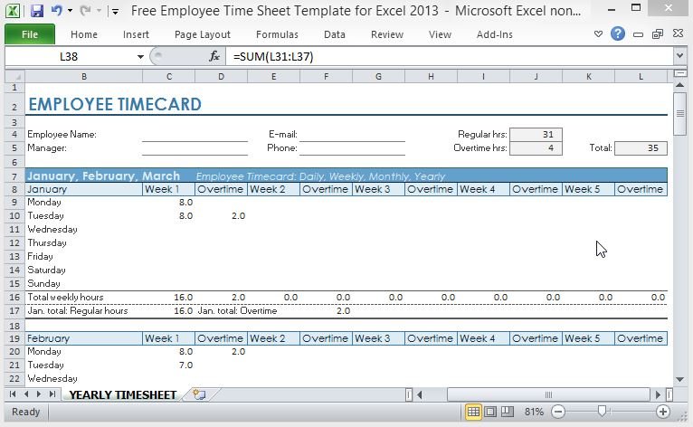 Free Employee Time Sheet Template For Excel 2013