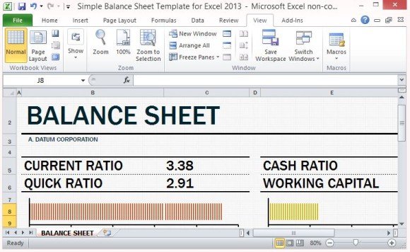 The Simple Balance Sheet Template for Excel 2013 with Working Capital Section allows you to track your assets and liabilities while calculating several of your financial ratios.