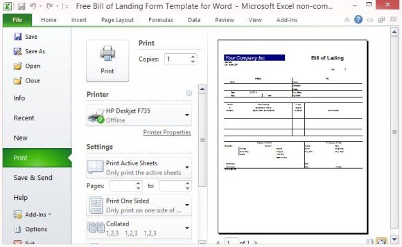 Printable Bill of Lading Form