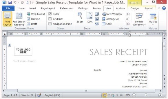Professionally Designed Sales Receipt in One Page